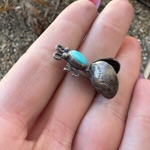 Vintage Native American Sterling Silver And Turquoise Bug Pin